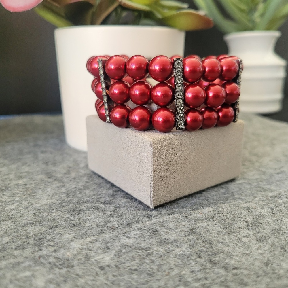 Red Faux Pearl Rhinestone Multi Row Stretch Statement Bracelet